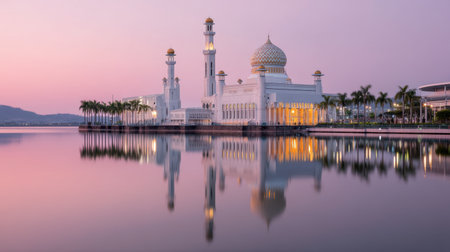 This enchanting photograph captures a majestic mosque reflected in calm water at twilight, showcasing stunning architecture and a colorful sky.の素材