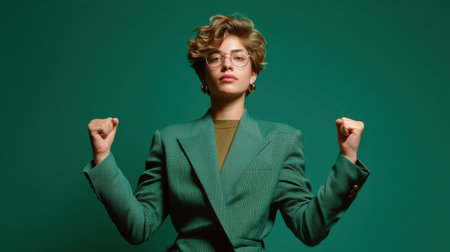 A poised young woman showcases confidence in a fashion-forward green suit and glasses, set against a striking solid green background.の素材