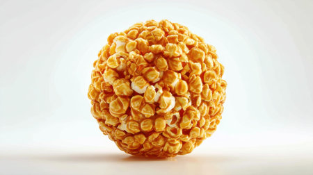 This image showcases a close-up view of a round caramel popcorn ball against a clean white background, highlighting its shiny, golden texture.の素材