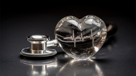 A crystal heart featuring a heartbeat line rests beside a stethoscope, symbolizing care and health. Ideal for medical themes.の素材