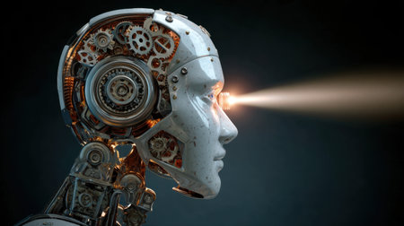 This image showcases a detailed profile of a futuristic robot, highlighting intricate gears and a glowing eye mechanism, representing advanced technology.の素材