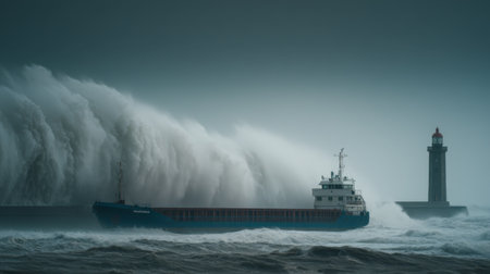 A striking image of a cargo ship facing towering waves in a storm, accompanied by a lighthouse guiding the way, showcasing the power of nature.の素材