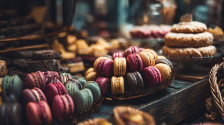 A captivating display of colorful French macarons and assorted cookies artistically arranged in a cozy bakery, inviting indulgence and delight.の素材