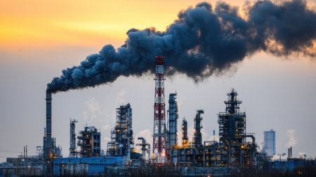 A dramatic scene of an industrial power plant silhouetted against a vibrant sunset, with thick black smoke billowing from smokestacks, highlighting pollution challenges.の素材