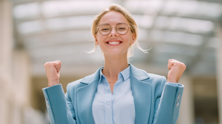 A young woman celebrates her success in a modern office, radiating joy and positivity while showcasing happiness in a professional setting.の素材