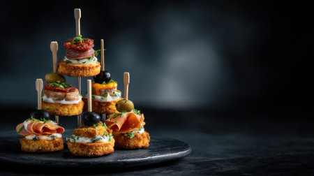 A stunning arrangement of gourmet canapes presented on a dark stone plate, showcasing a variety of toppings and garnishes for special occasions.の素材