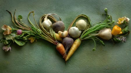 This artistic arrangement features a variety of fresh vegetables artistically displayed on a green background, showcasing their vibrant colors and textures. Perfect for promoting health and wellness.の素材