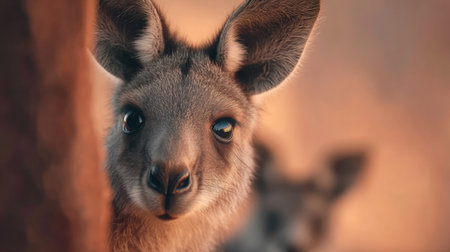 This enchanting image features a young kangaroo with large, expressive eyes, capturing its gentle nature. The warm light creates a tranquil backdrop, enhancing its charm.の素材