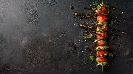 Indulge in this vibrant image of freshly grilled vegetable skewers drizzled with a rich balsamic glaze, perfect for culinary inspiration.の素材
