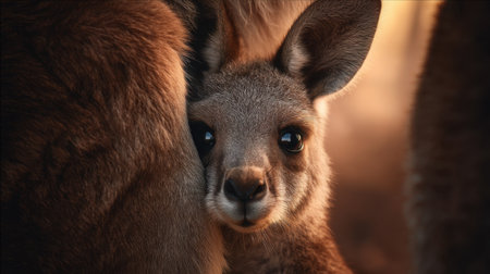 A charming portrait of a baby kangaroo nestled against an adult, depicting the loving bond in wildlife. Soft lighting enhances this tender moment.の素材