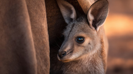 A charming baby kangaroo peeks from behind a cozy cover, displaying its soft fur and curious eyes in a serene setting, showcasing wildlife beauty.の素材