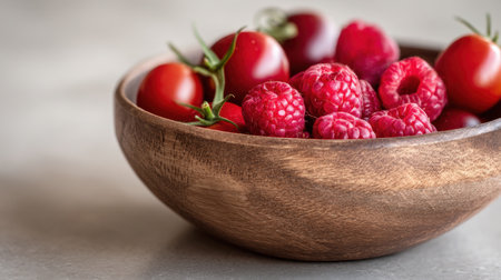 This image features an inviting arrangement of fresh red tomatoes and ripe raspberries in a wooden bowl, ideal for promoting healthy eating and culinary creativity.の素材