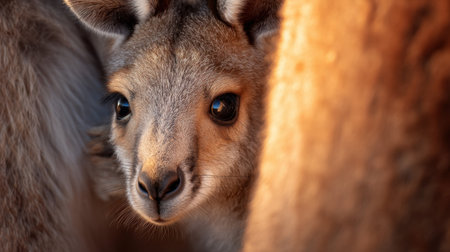 A captivating close-up of a young kangaroo peeking through soft fur, showcasing its expressive eyes in a tranquil natural setting illuminated by golden hour light.の素材