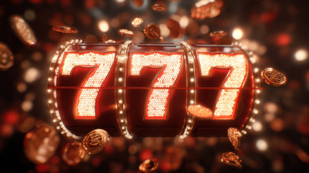A vivid and captivating representation of a 777 slot machine jackpot, enhanced by glowing symbols, coins, and a dynamic ambiance, perfect for gambling themes.の素材