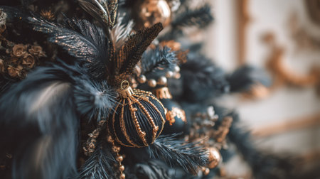 This close-up image showcases an elegant blue and gold Christmas ornament adorned with exquisite textures, perfect for festive decor inspiration.の素材