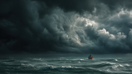 A small ship navigates through a turbulent sea under ominous dark clouds. The scene captures the raw power of nature, emphasizing isolation and adventure.の素材