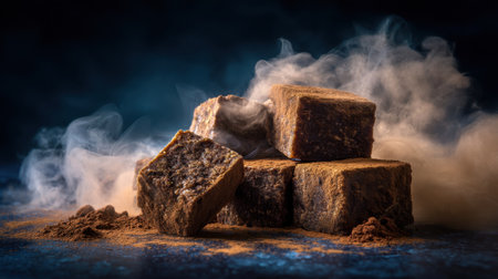 This captivating image features brown sugar cubes surrounded by light smoke, highlighting their rich texture and culinary potential. Perfect for food-themed projects.の素材