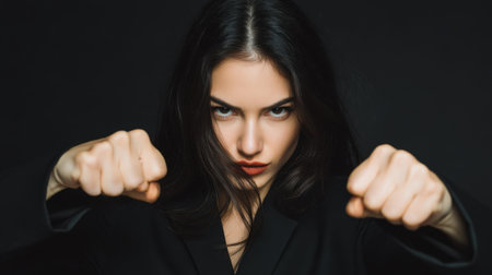 A powerful portrait of a strong woman with raised fists, exuding determination and confidence against a dark backdrop, representing empowerment.の素材