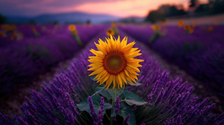 A breathtaking sunflower stands tall amidst a sea of lavender, captured at sunset. This picturesque scene showcases nature's vibrant colors and serene beauty.の素材