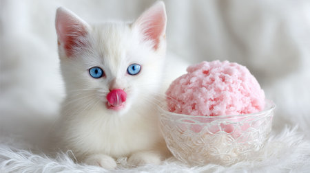 This charming image features an adorable white kitten with striking blue eyes playfully licking pink cotton candy, creating a joyful and sweet atmosphere.の素材