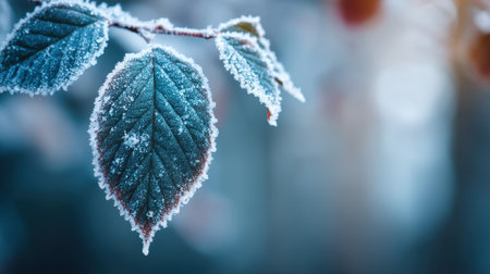 Captivating image of frosted leaves on a branch, showcasing icy details in a serene winter scene, illuminated by gentle light. Ideal for nature themes.の素材