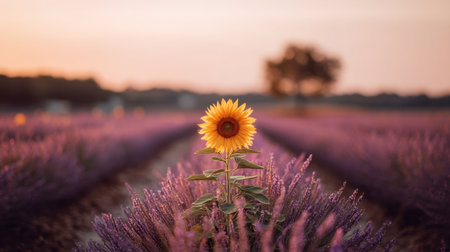 A stunning sunflower stands tall amidst vast lavender fields at sunset, showcasing the beauty of nature's colors and tranquility.の素材