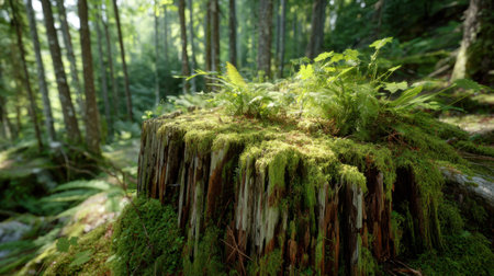 A close-up view of a tree stump covered in vibrant green moss and delicate ferns, nestled in a serene forest environment, showcasing natural beauty.の素材