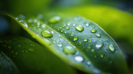 A stunning close-up view of green leaves adorned with water droplets, showcasing the beauty of nature's freshness and tranquility. The vivid focus highlights the intricate details and vibrant color, perfect for conveying themes of renewal and serenity.の素材
