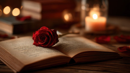 A serene and romantic setting with a single red rose resting on an open book, surrounded by candles and warm, soft bokeh lights, perfect for evoking feelings of love and tranquility.の素材