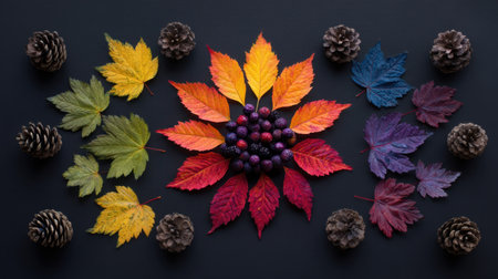 This image showcases a creative arrangement of vibrant autumn leaves and pine cones on a dark background, highlighting seasonal beauty.の素材