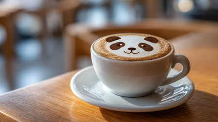 A charming latte featuring adorable panda art sits in a white ceramic cup on a wooden table, set against a softly blurred cafe background.の素材