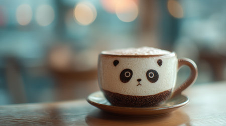 A charming coffee cup featuring a cute panda design sits on a plate in a cozy cafe, inviting warmth and comfort in a soft blurred background.の素材