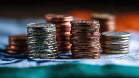 Close-up view of stacks of coins on a colorful fabric background, showcasing texture and details of the coins in a soothing, soft-focus style.の素材