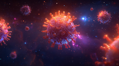 This colorful digital illustration showcases virus particles floating in a cosmic background, symbolizing scientific and medical research.の素材