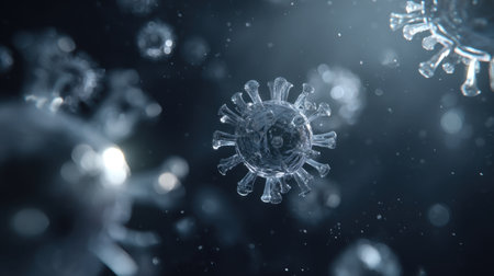 This detailed image showcases a close-up view of a transparent virus structure against a dark background, enhanced by subtle light effects. Ideal for scientific research and educational materials.の素材