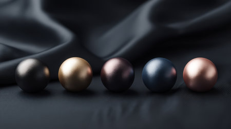 This artistic composition showcases a series of colorful metallic spheres arranged on a smooth fabric surface, creating a striking visual effect and elegant aesthetic.の素材