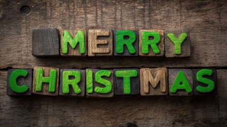 A creative arrangement of vibrant wooden blocks spelling "Merry Christmas" on a rustic wooden surface, perfect for holiday decor and seasonal celebrations.の素材