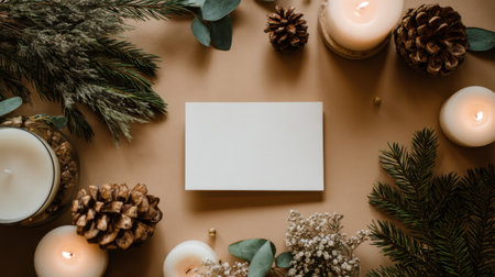 A serene and cozy setting featuring candles, pine cones, and lush greenery surrounding a blank card on a soft background, perfect for seasonal decor.の素材