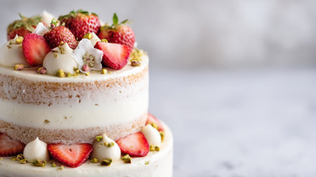 A stunning two-tier cake adorned with fresh strawberries and pistachios, creating a delightful centerpiece for any celebration or event.の素材