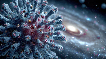 This vivid image portrays a microbial structure resembling a virus set against a cosmic backdrop, showcasing life's intricate connection to the universe.の素材