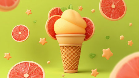 A delightful illustration of an ice cream cone topped with creamy orange swirl and garnished with citrus slices and stars against a lively green backdrop.の素材