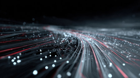 This image captures a mesmerizing abstract digital landscape featuring flowing lines and glowing particles set against a dark backdrop.の素材