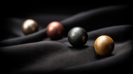 This image features an artistic arrangement of colorful metallic spheres resting on soft, draped fabric. The interplay of light and shadow creates a dramatic, elegant atmosphere, perfect for artistic and design themes.の素材