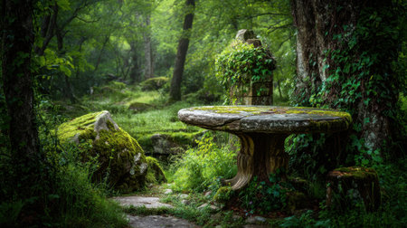 A tranquil scene showcasing a moss-covered stone table surrounded by lush greenery and ancient trees, illuminated by soft natural light.の素材