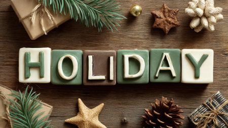 Capture the essence of a cozy holiday celebration with this festive arrangement featuring colorful letter blocks, natural elements, and charming decorations.の素材