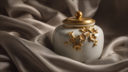 This stunning porcelain jar features a golden lid adorned with delicate floral designs, elegantly placed on soft silk fabric. Perfect for decoration.の素材