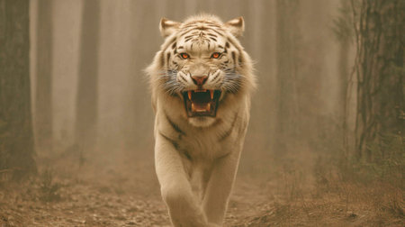 Stunning image of a fierce white tiger roaring in a misty forest backdrop, showcasing the power and beauty of this majestic creature in a dramatic scene.の素材