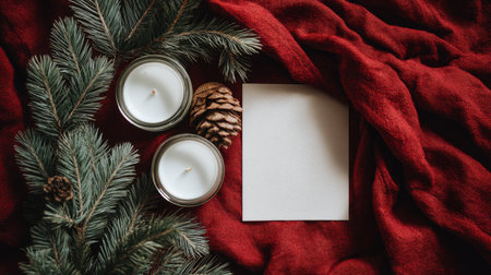 A cozy winter scene featuring two candles, fresh greenery, and a pinecone on rich red fabric, perfect for creating a festive atmosphere or planning personal notes.の素材
