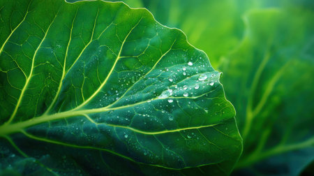 This image showcases a fresh green leaf adorned with tiny water droplets, capturing the essence of nature beauty in a vibrant and serene manner.の素材