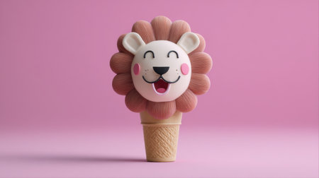 This charming ice cream cone features a joyful lion design with a smiling face, perfect for kids' parties or playful dessert themes.の素材